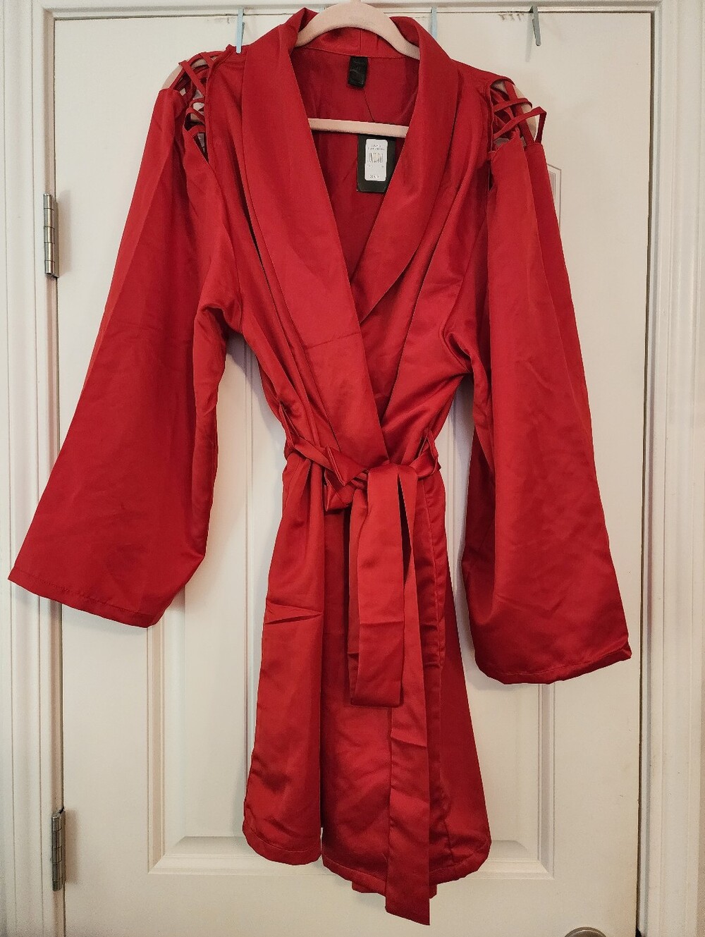 Fredericks NWT $69 Red Satin Belted Kimono Wrap Style Short Robe 1X